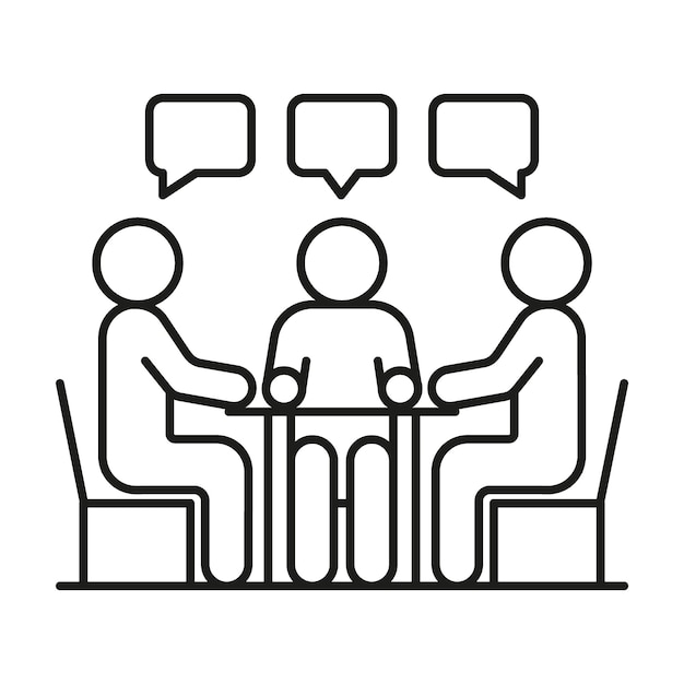 Group people seat at table conversation discussion meeting icon line, equality partnership