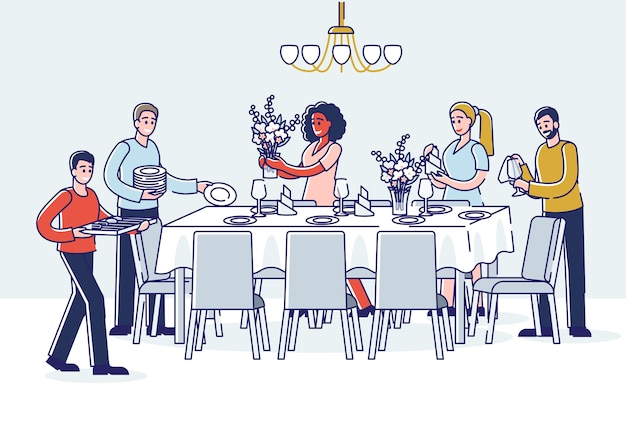 Group of people serving table for dinner Cartoon men and women putting dishes glasses and flowers on table