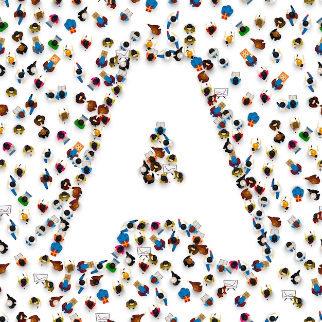 Vector a group of people in the shape of english alphabet letter a on light background. vector illustration.