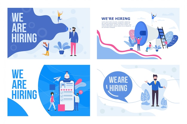 Group of people shouting on megaphone with we are hiring word vector illustration concept,