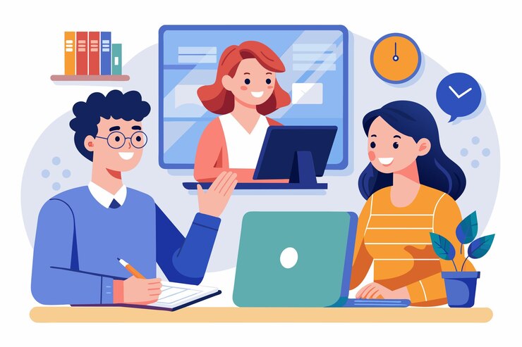 Vector group of people sitting around a laptop computer a woman studying on internet taking online course simple and minimalist flat vector illustration