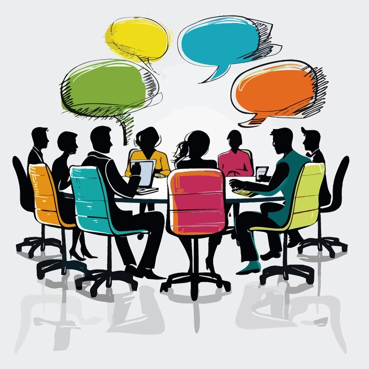वेक्टर a group of people sitting around a table with speech bubbles on it