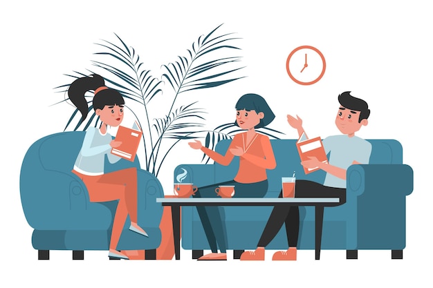Gruppo di persone sedute in un caffè e discutendo di un libro
