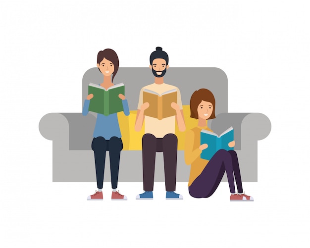 Vector group of people sitting on chair with book in hands