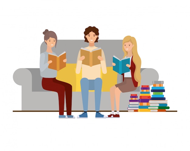 Vector group of people sitting on chair with book in hands