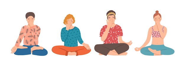 Group of people sitting cross-legged on floor and performing yoga breathing exercise. young men and women practicing pranayama and meditating. colorful vector illustration in flat cartoon style