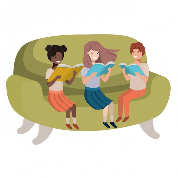 Group of people sitting in sofa with book avatar character