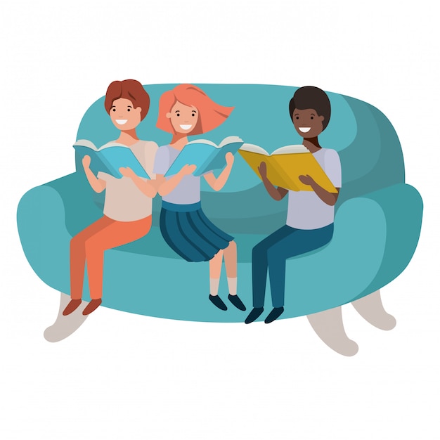 Group of people sitting in sofa with book avatar character