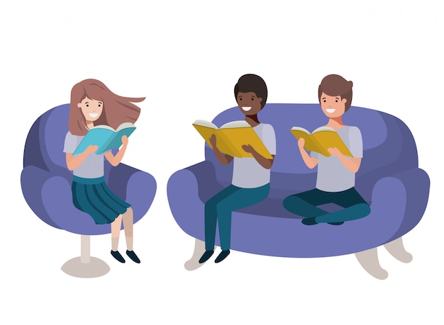 Vector group of people sitting in sofa with book avatar character