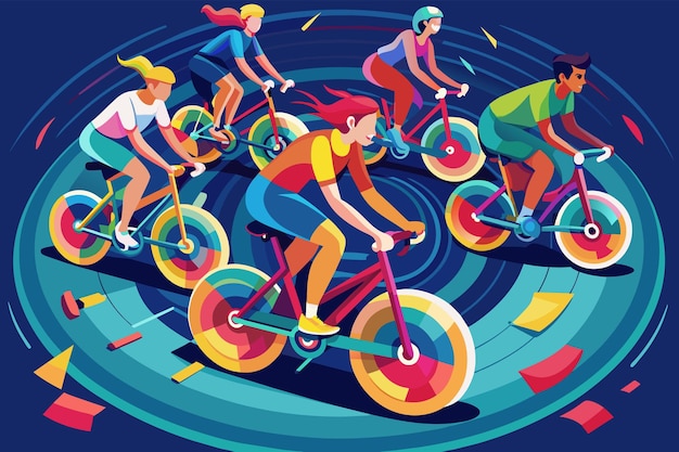 Vettore un gruppo di persone in una classe di spin le loro biciclette che formano un cerchio colorato con ruote luminose