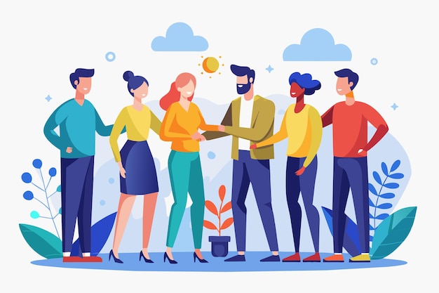 group of people standing together representatives will shake hands with the team in an agreement to build the company simple and minimalist flat vector illustration