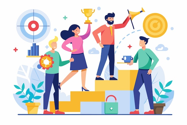 Vector a group of people stands on a podium showcasing teamwork and partnership for career goals teamwork with partners for career goals concept simple and minimalist flat vector illustration