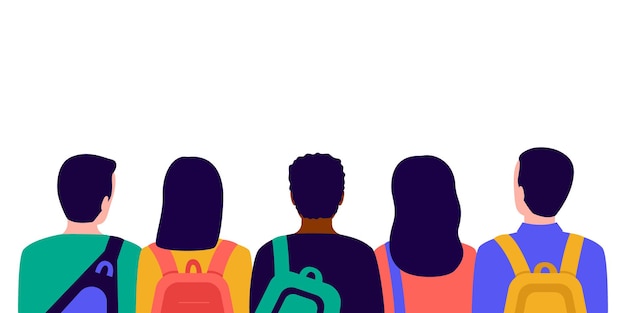学校の背面図でバッグを持っている人々の学生のグループ若い男性と女性の会議