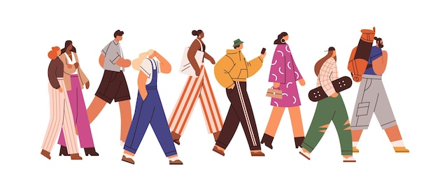 Group of people walk. Crowd of diverse men and women go forward. Profile of casual persons in motion. Different males and females move together. Flat vector illustration isolated on white background.