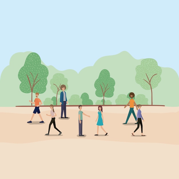 Vector group of people walking and running on the park characters