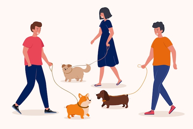 Gruppo di persone che camminano il loro cane