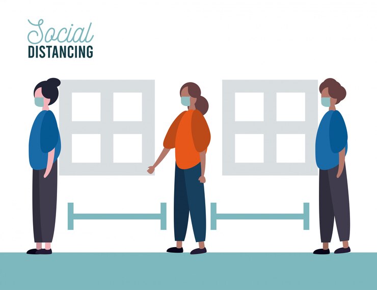 Vector group of people wearing medical masks practicing social distance