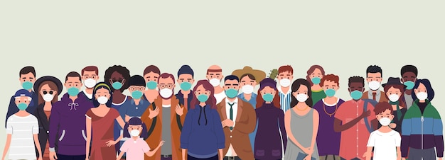 보호를 위해 보호 의료 마스크를 착용하는 사람들의 그룹