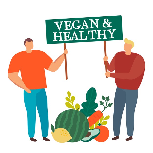 Vector group of people with big vegetable holding sign vegan and healthy isolated.