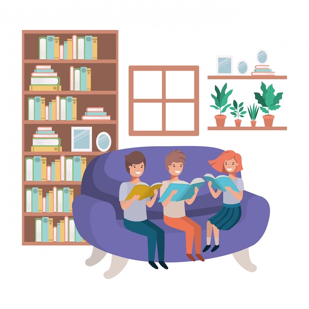 Group of people with book in livingroom avatar character 