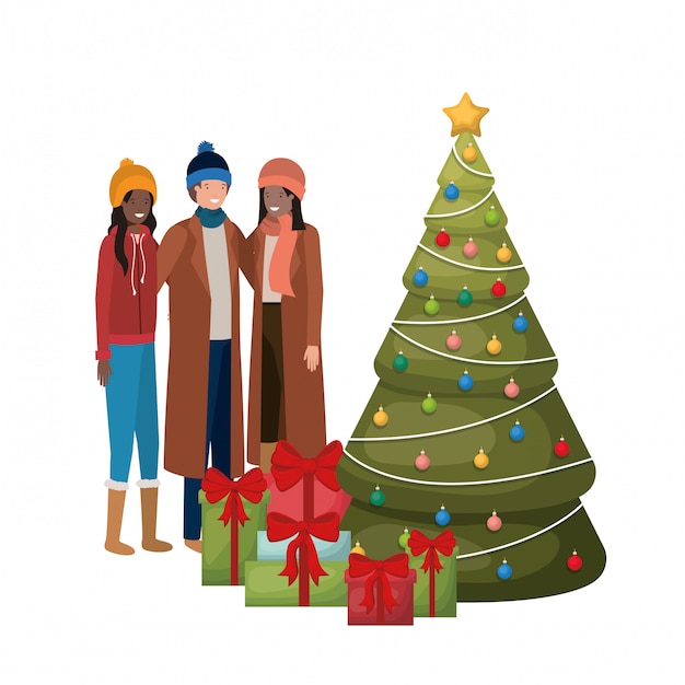 Group of people with christmas tree and gifts