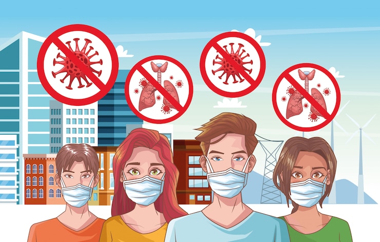 Vector group of people with coronavirus scene illustration