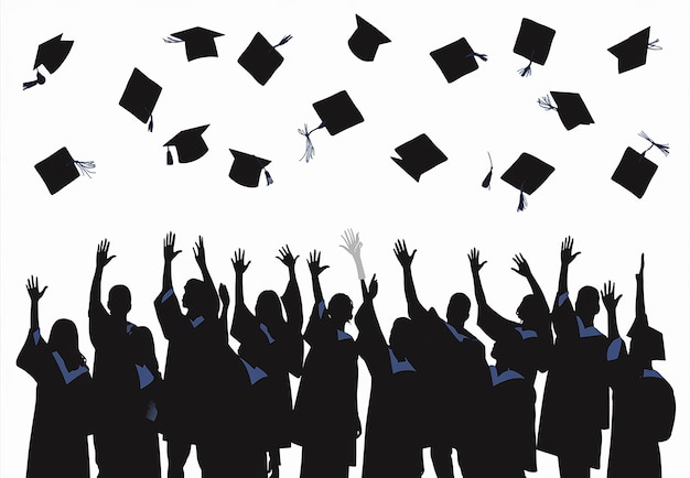 a group of people with hats that say graduation is flying up