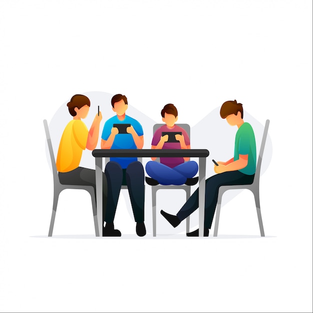 Group of people with smart phones and sit on the Chair