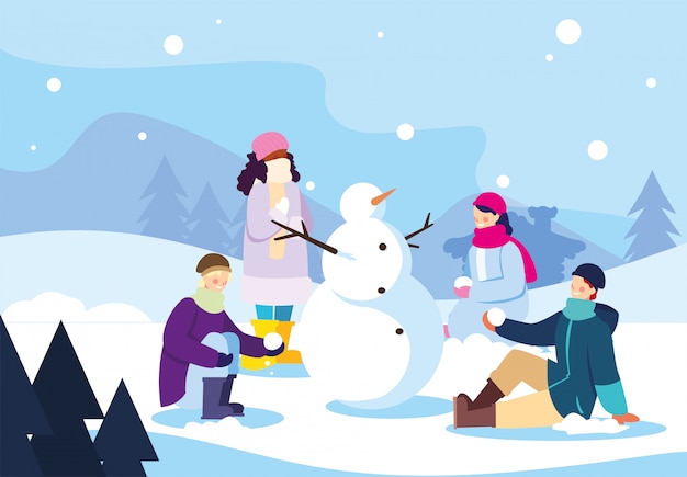 Group of people with snowman in winter landscape