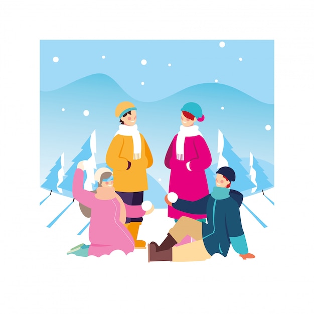 Vector group of people with winter clothes in landscape with snowfall