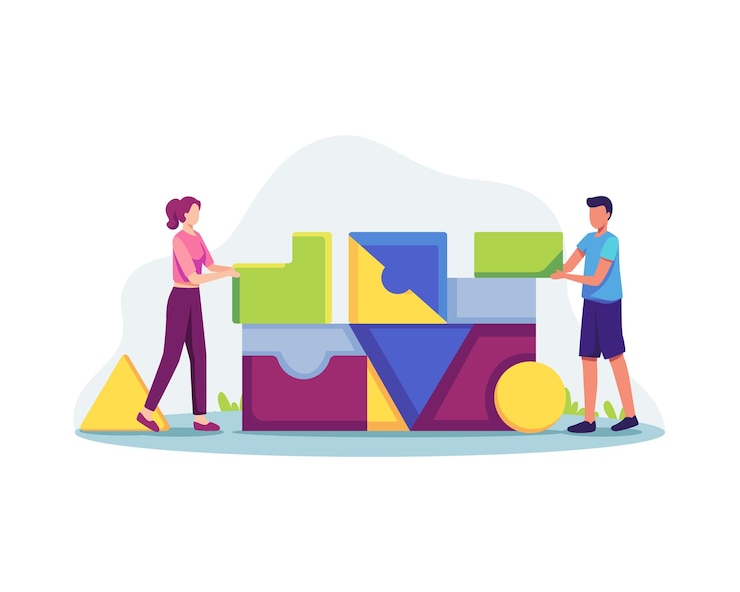 Vector group of people working together as team. people organize abstract geometric shapes, people put the puzzle. vector illustration in a flat style