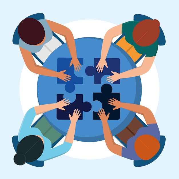 Group of people working with puzzle around a desk teamwork concept vector illustration