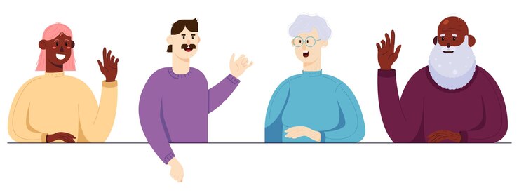 다른 국적의 피부색과 헤어스타일을 가진 젊은이와 노인 여성의 그룹