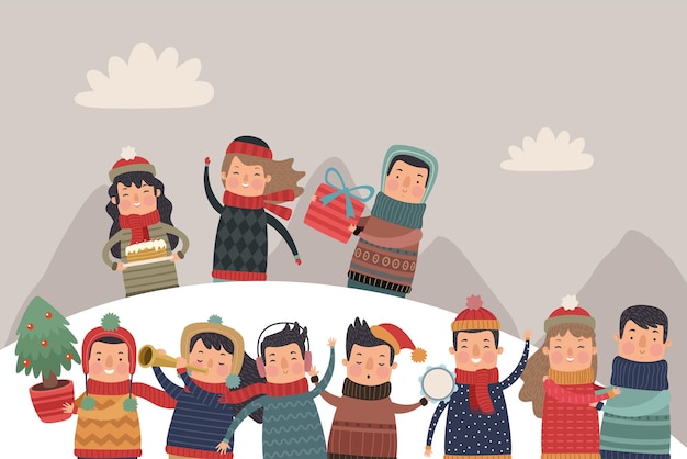 Vector group of persons in snowscape