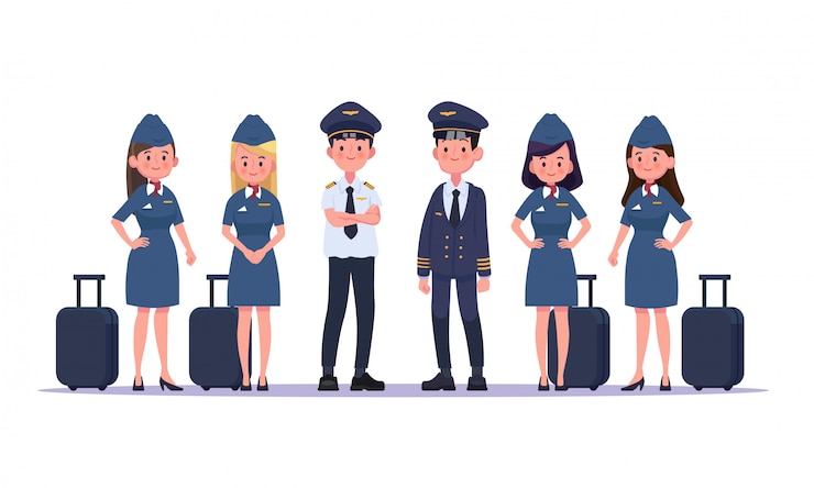 Group of pilots and flight attendants, air hostess. Flat design people characters.