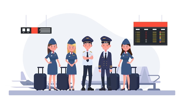 Group of pilots and flight attendants air hostess flat design people characters