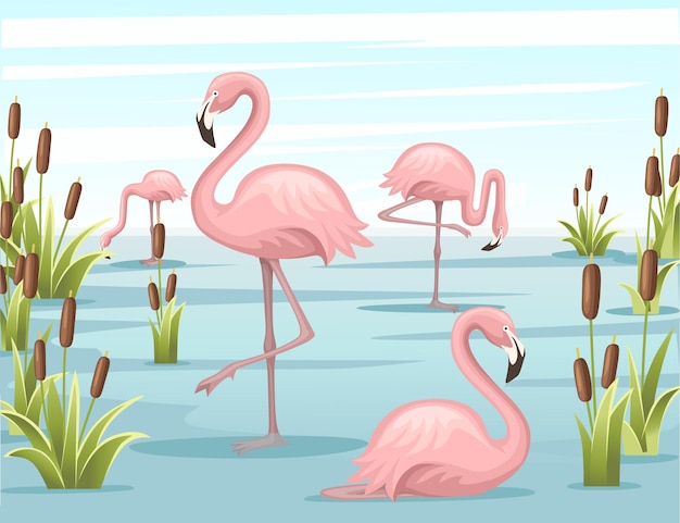 Group of pink flamingo standing in water lake illustration