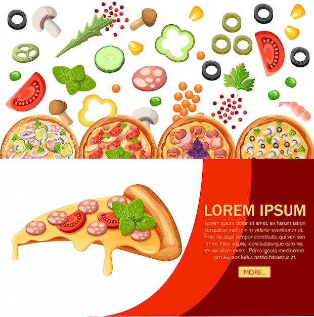 Gruppo di pizza con ingredienti. design in stile piatto. concetto per menu di pizzeria, bar, ristorante. progettazione e pubblicità di siti web. illustrazione su sfondo con texture.