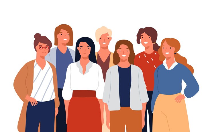 Vector group portrait of adorable young smiling woman posing together vector flat illustration. colorful female business team isolated on white background. funny cute office workers or colleagues.