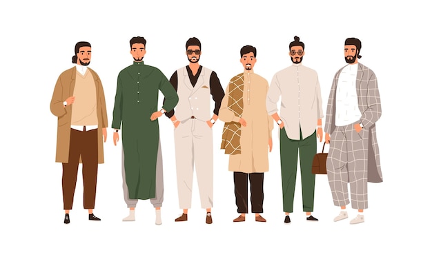 Group portrait of Arab Muslim people. Modern Saudi Arabian men in fashion outfits. Middle East happy males in stylish contemporary clothes. Flat vector illustration isolated on white background.