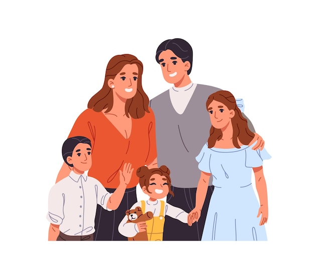 Group portrait of cute big family with kids Parents teen and toddlers smile cuddle Happy mother and father with their children together Flat isolated vector illustration on white background