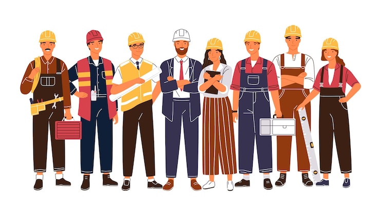 वेक्टर group portrait of cute happy industry or construction workers, engineers standing together. team of smiling male and female employees wearing hard hats and uniform. flat cartoon vector illustration.