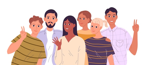 Vector group portrait of happy students. flat cartoon illustration.