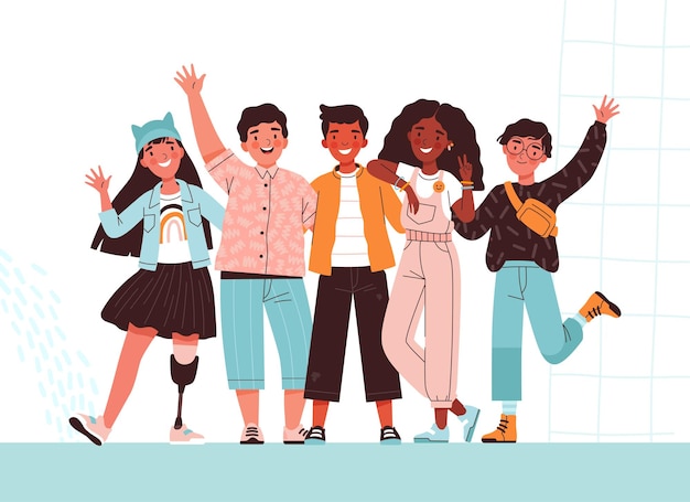 Vector group portrait of joyful boys and teenage girls or school friends standing together