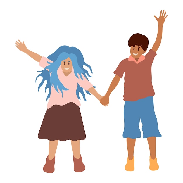 Group portrait of smiling teenage boy and girl waving hands. Standing together holding hands