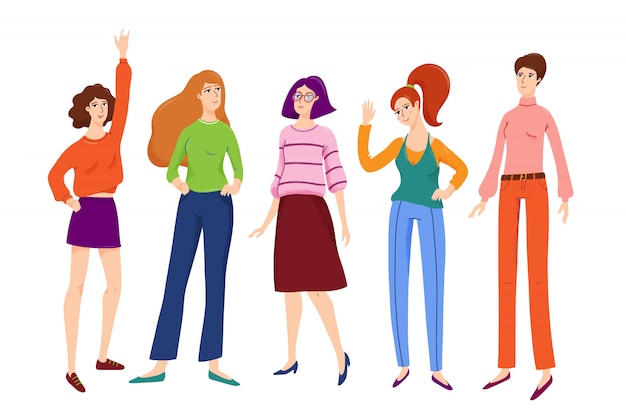 Gruppo di giovani donne graziose, ragazze che stanno insieme, sorridenti, rinunciando ciao, ritratto integrale, illustrazione di vettore isolata su fondo bianco