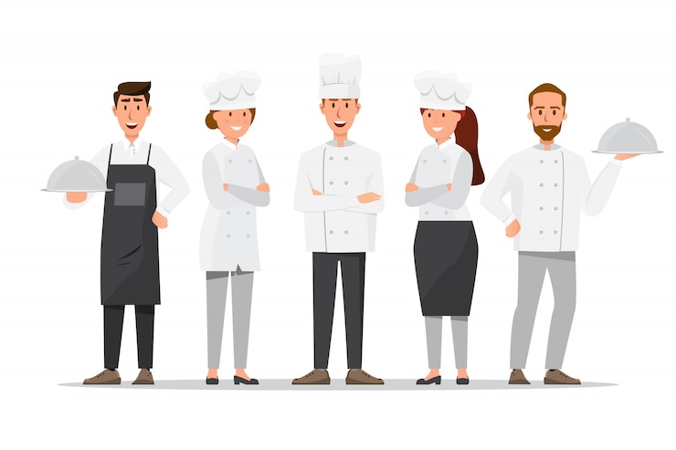 Vector group of professional chefs, man and woman chefs