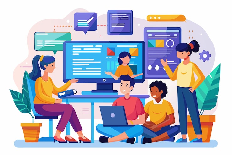 Vector a group of programmers engages with coding programs and tutorials on various online platforms together programmers learn programming on websites using computers flat illustration