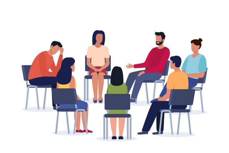Vector group psychotherapy persons sitting in circle and talking people meeting psychotherapy training