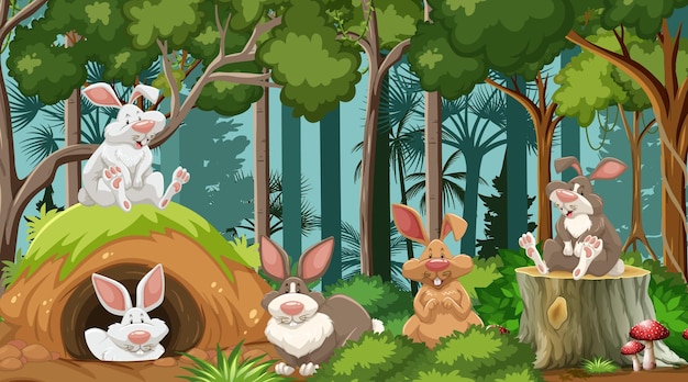 Vector group of rabbits in nature forest scene